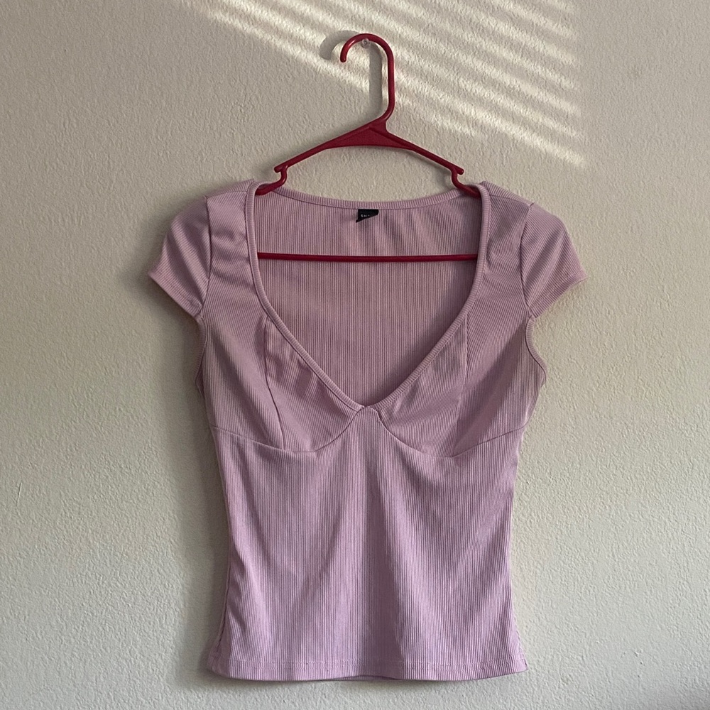 SHEIN Light Pink V-Neck Cap Sleeve Tee